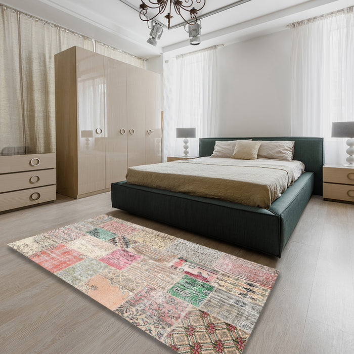 Contemporary Desert Sand Beige Patchwork Rug in a Bedroom, con1431