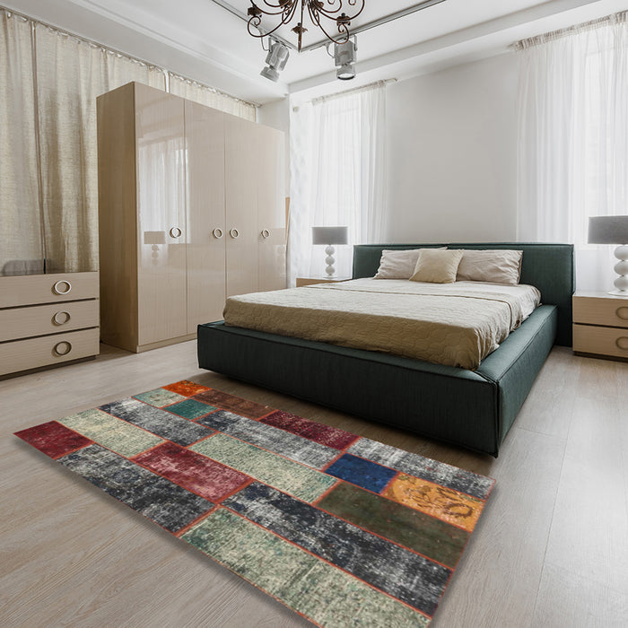 Contemporary Reddish Brown Patchwork Rug in a Bedroom, con1437