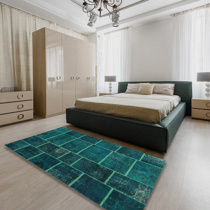 Contemporary Teal Green Patchwork Rug in a Bedroom, con1439