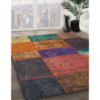 Contemporary Brown Red Patchwork Rug, con1448