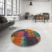 Round Contemporary Brown Red Patchwork Rug in a Office, con1448