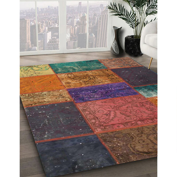 Contemporary Brown Red Patchwork Rug in Family Room, con1448