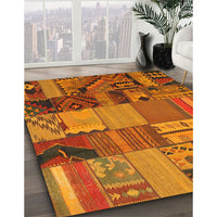 Contemporary Mahogany Brown Patchwork Rug, con1453