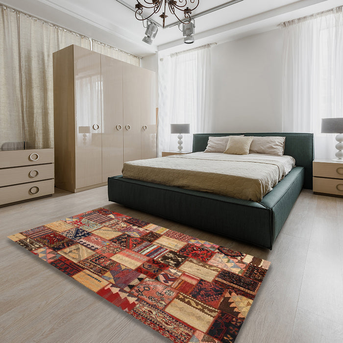 Contemporary Saffron Red Patchwork Rug in a Bedroom, con1462