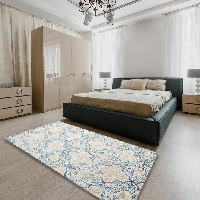 Contemporary White Gold Modern Rug in a Bedroom, con1470