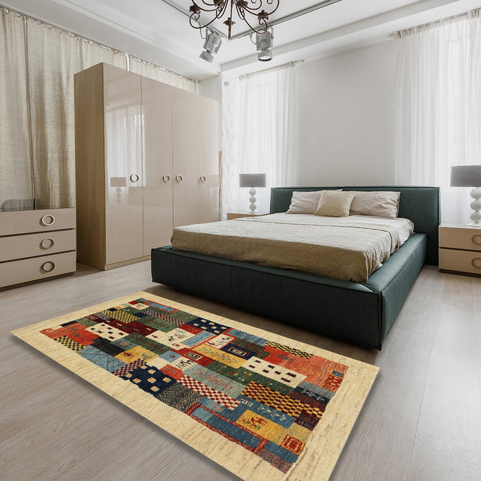 Contemporary Yellow Orange Modern Rug in a Bedroom, con1497
