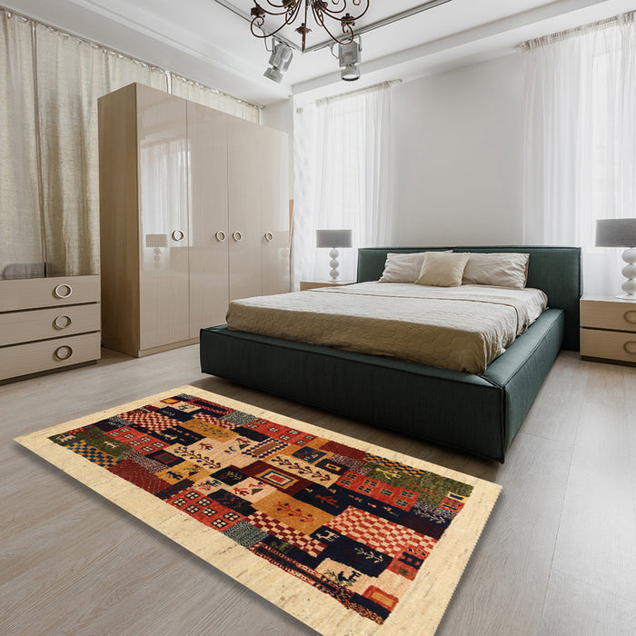 Contemporary Yellow Orange Modern Rug in a Bedroom, con1551