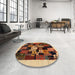 Round Contemporary Yellow Orange Modern Rug in a Office, con1551