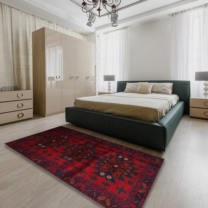 Contemporary Dark Scarlet Red Modern Rug in a Bedroom, con1554