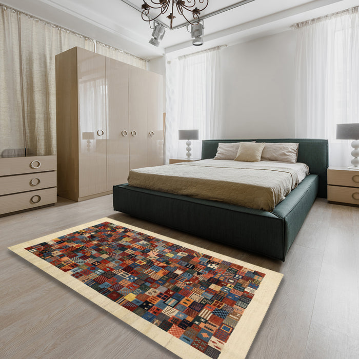 Contemporary Brownish Green Modern Rug in a Bedroom, con1575