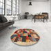 Round Contemporary Brown Red Modern Rug in a Office, con1618