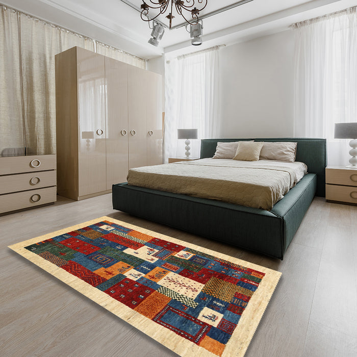 Machine Washable Contemporary Brown Green Rug in a Bedroom, wshcon1626
