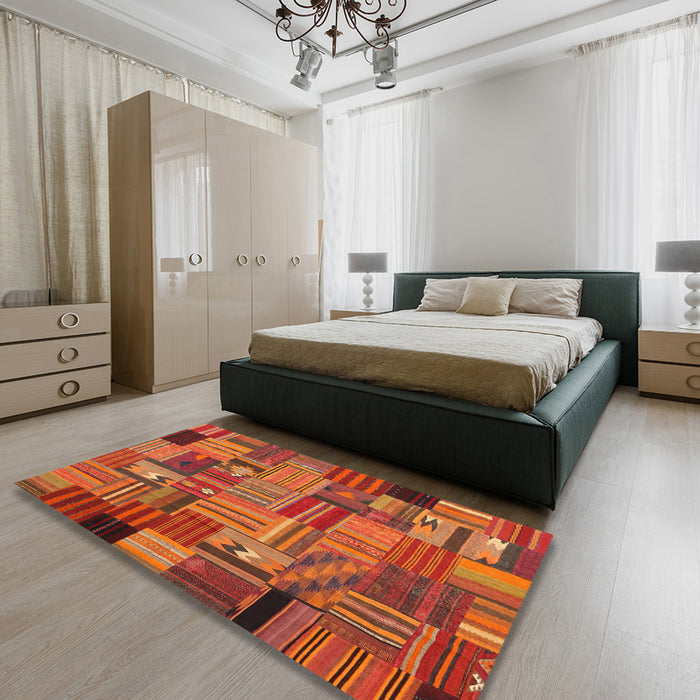 Contemporary Orange Patchwork Rug in a Bedroom, con1666