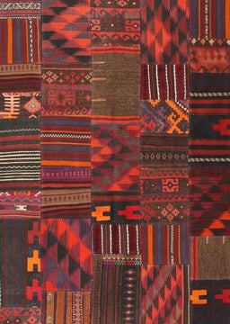 Contemporary Chestnut Brown Patchwork Rug, con1669
