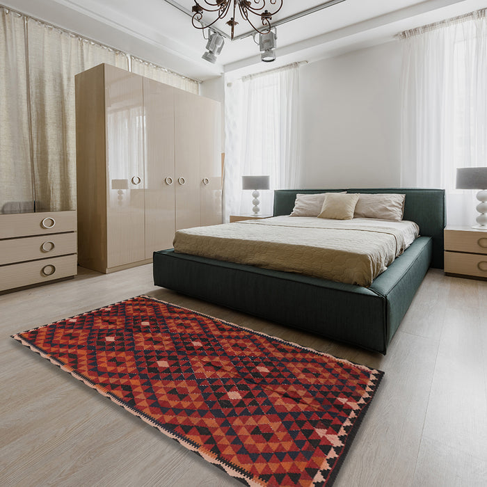 Contemporary Reddish Brown Oriental Rug in a Bedroom, con1684