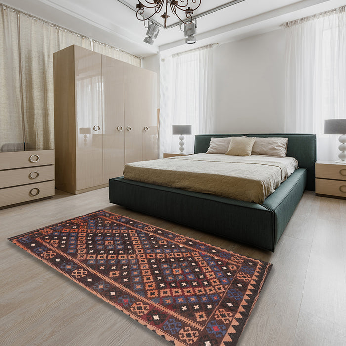 Contemporary Sienna Brown Southwestern Rug in a Bedroom, con1686