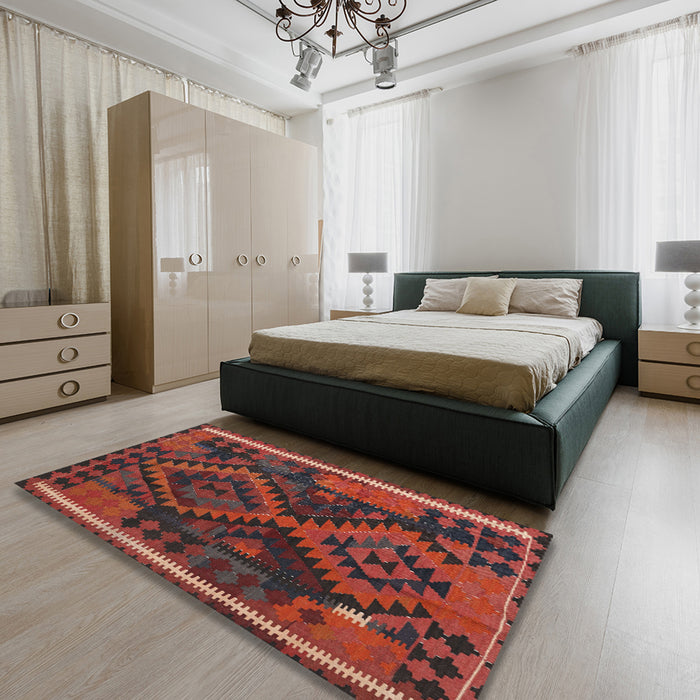 Contemporary Chestnut Brown Oriental Rug in a Bedroom, con1691