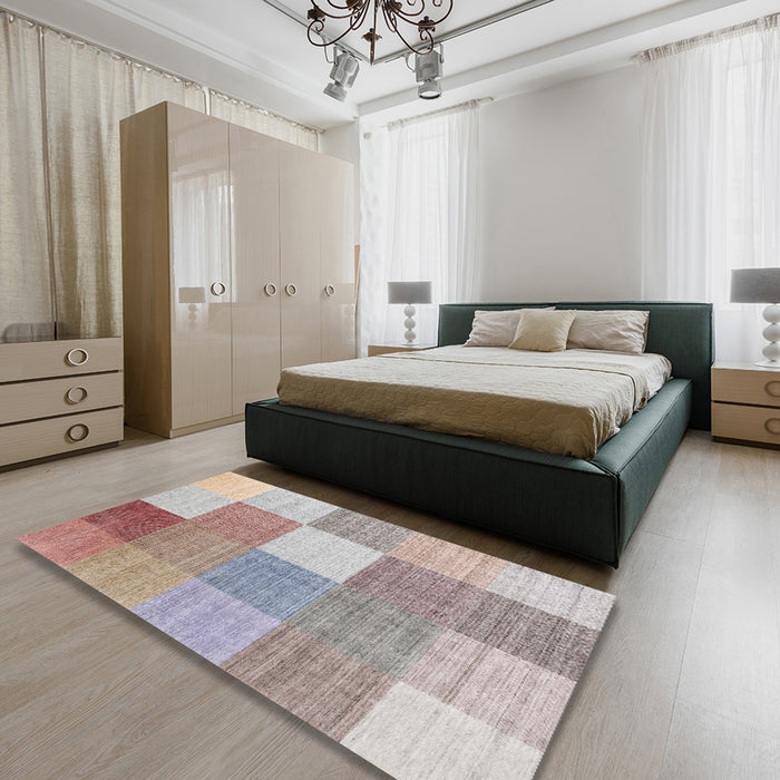 Contemporary Pale Silver Gray Checkered Rug in a Bedroom, con1801