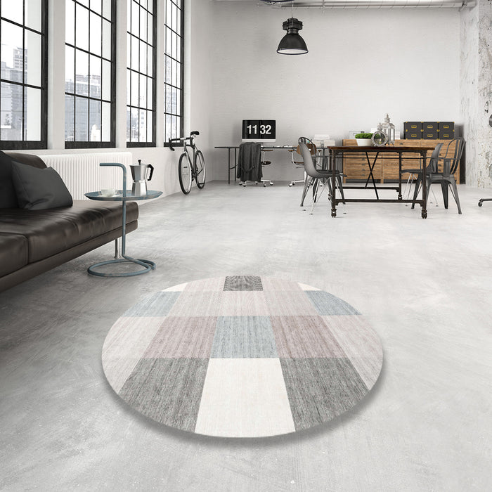 Round Contemporary Silver Pink Checkered Rug in a Office, con1805