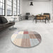 Round Contemporary Dark White Beige Checkered Rug in a Office, con1807