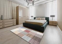 Contemporary Dark White Beige Checkered Rug in a Bedroom, con1807