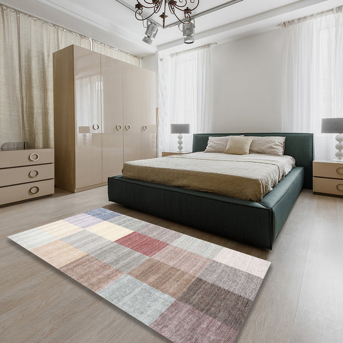 Contemporary Dark White Beige Checkered Rug in a Bedroom, con1807