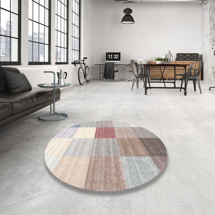 Round Machine Washable Contemporary Dark White Beige Rug in a Office, wshcon1807