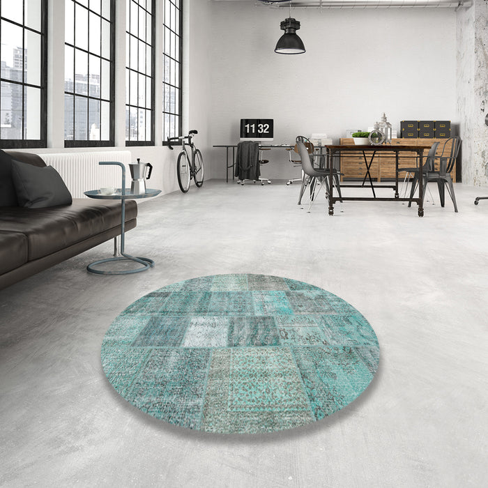 Round Machine Washable Contemporary Tiffany Blue Rug in a Office, wshcon1827