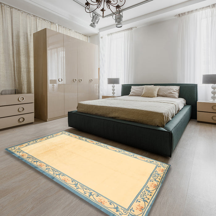 Contemporary Dark Khaki Green Solid Rug in a Bedroom, con1887