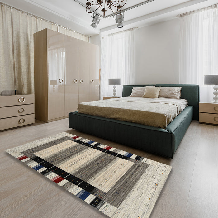 Contemporary Tan Brown Modern Rug in a Bedroom, con1914