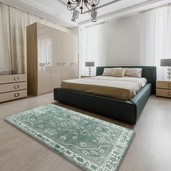 Contemporary Grayish Turquoise Green Modern Rug in a Bedroom, con1940