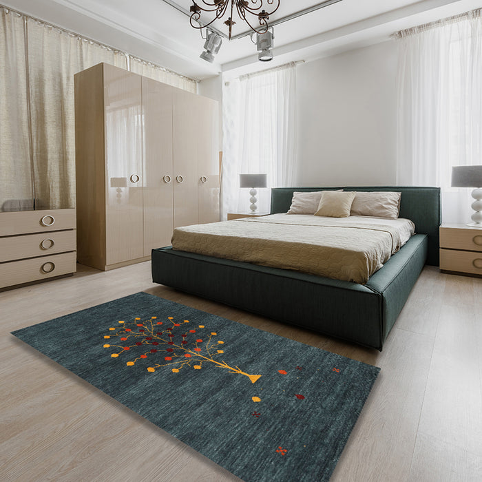 Contemporary Dark Slate Gray Green Modern Rug in a Bedroom, con1965