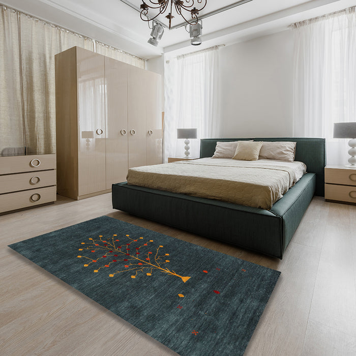 Contemporary Dark Slate Gray Green Modern Rug in a Bedroom, con1970