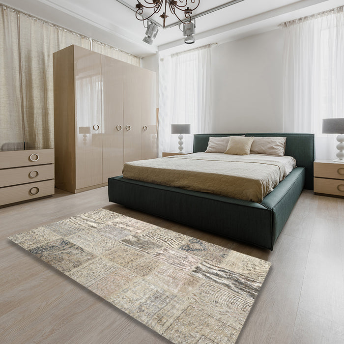 Contemporary Desert Sand Beige Patchwork Rug in a Bedroom, con1984