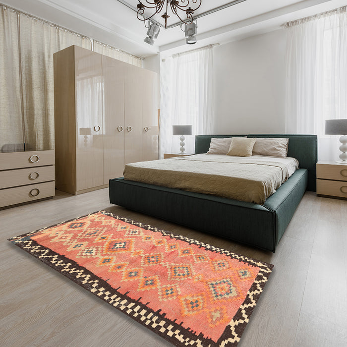 Contemporary Sand Brown Oriental Rug in a Bedroom, con2022