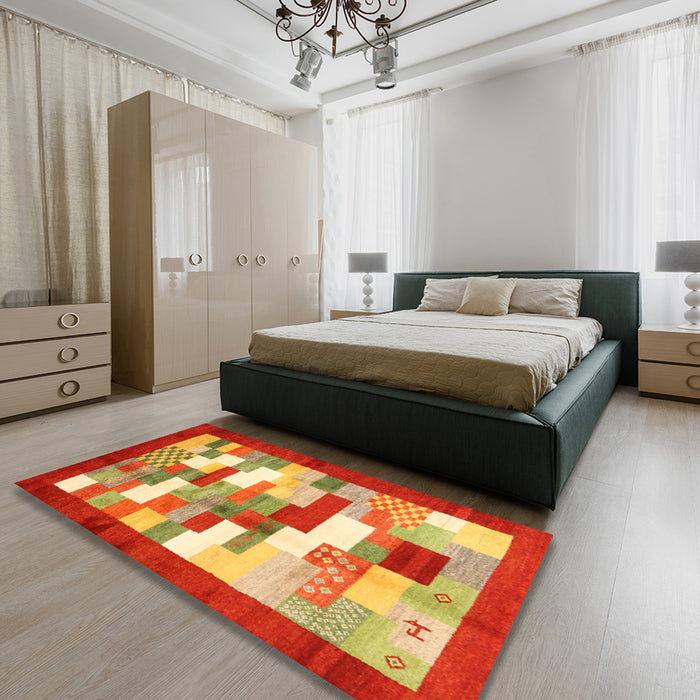 Contemporary Neon Red Modern Rug in a Bedroom, con2031