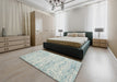 Contemporary Dark White Beige Modern Rug in a Bedroom, con2051