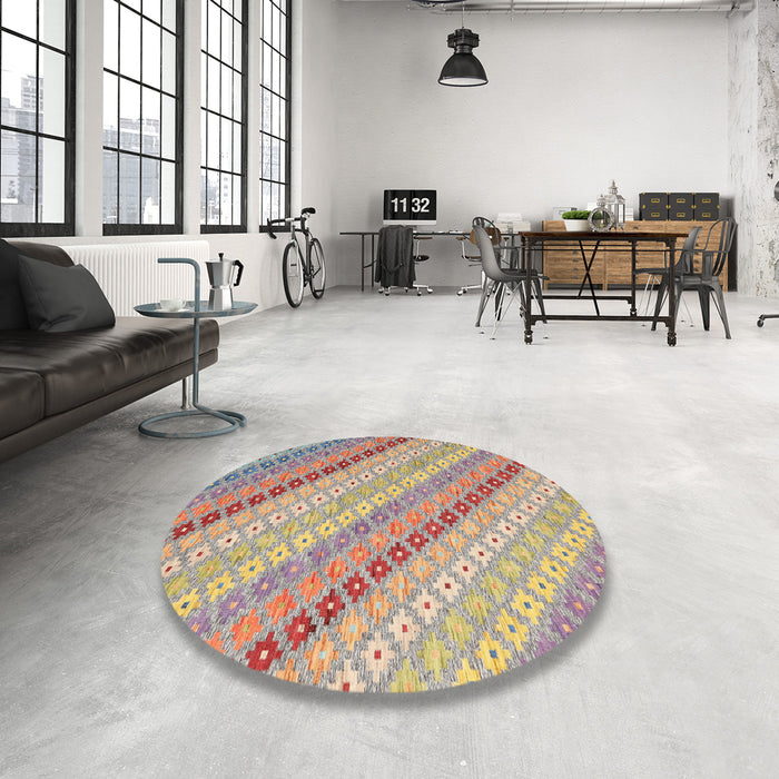 Round Contemporary Orange Salmon Pink Southwestern Rug in a Office, con2094