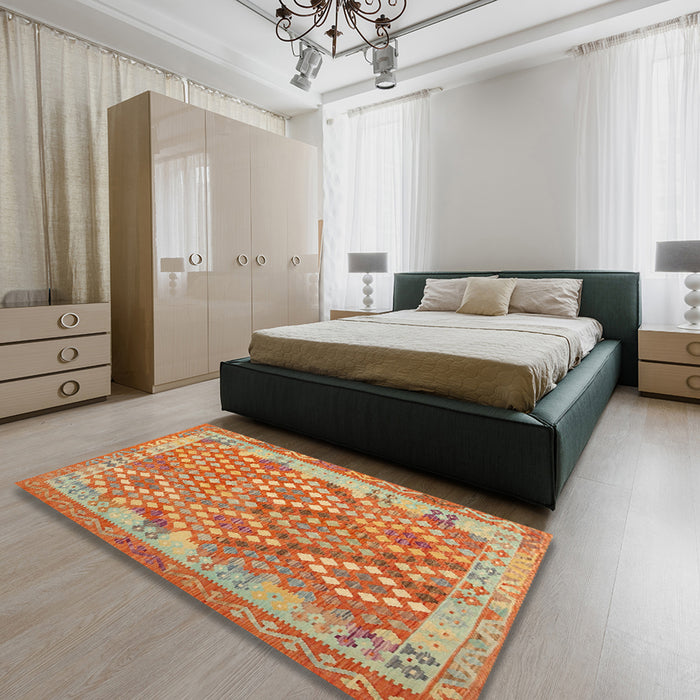 Contemporary Orange Red Oriental Rug in a Bedroom, con2212