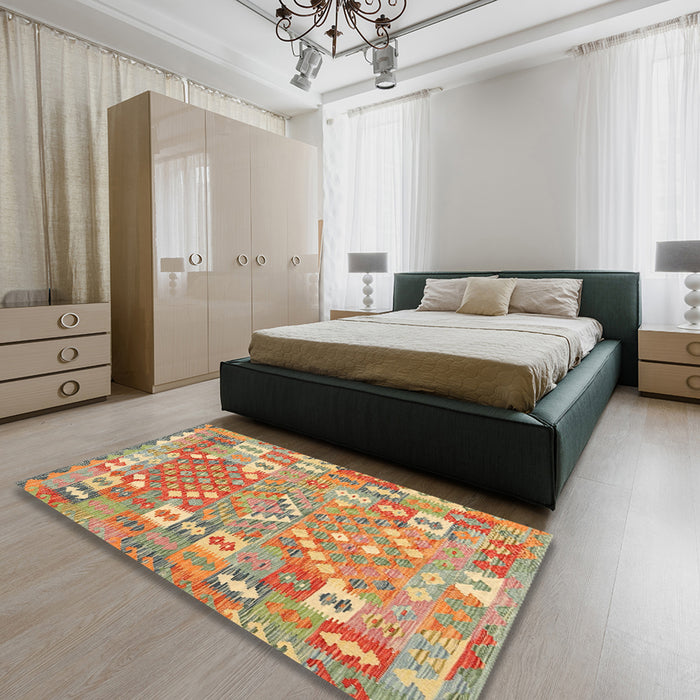 Machine Washable Contemporary Brown Green Rug in a Bedroom, wshcon2226