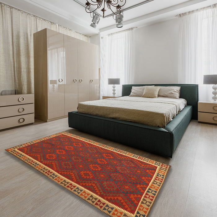 Contemporary Neon Red Oriental Rug in a Bedroom, con2248