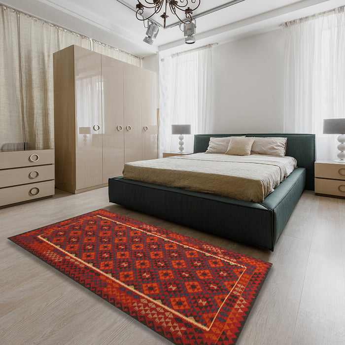 Contemporary Dark Sienna Brown Oriental Rug in a Bedroom, con2253