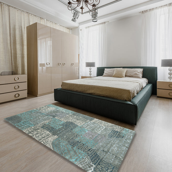 Machine Washable Contemporary Grayish Turquoise Green Rug in a Bedroom, wshcon2258