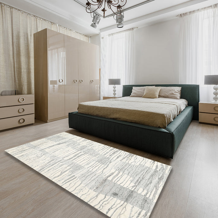 Contemporary Soft Ivory Beige Solid Rug in a Bedroom, con2298