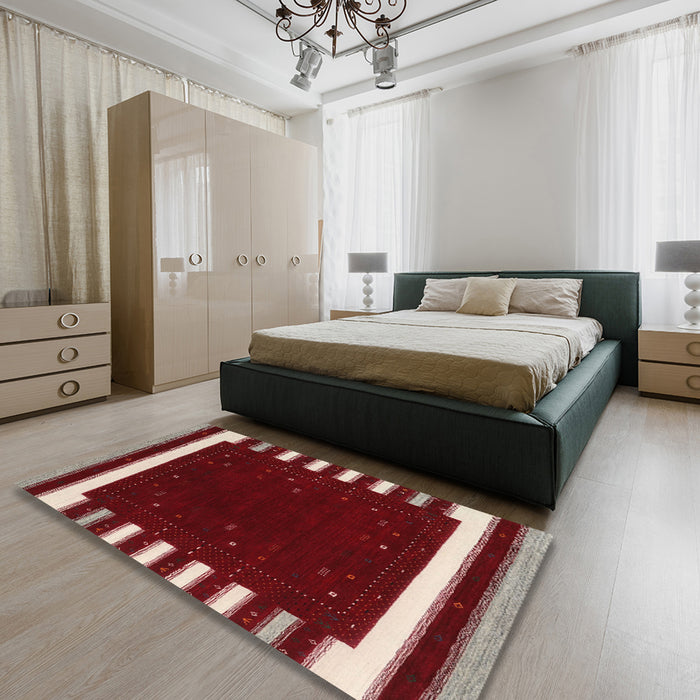 Contemporary Crimson Red Modern Rug in a Bedroom, con2350