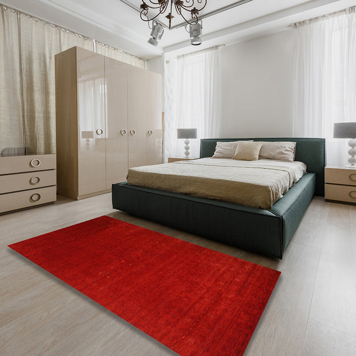 Contemporary Neon Red Modern Rug in a Bedroom, con2459