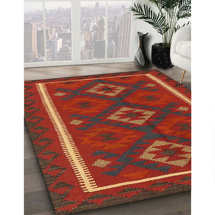Contemporary Sienna Brown Oriental Rug in Family Room, con2526