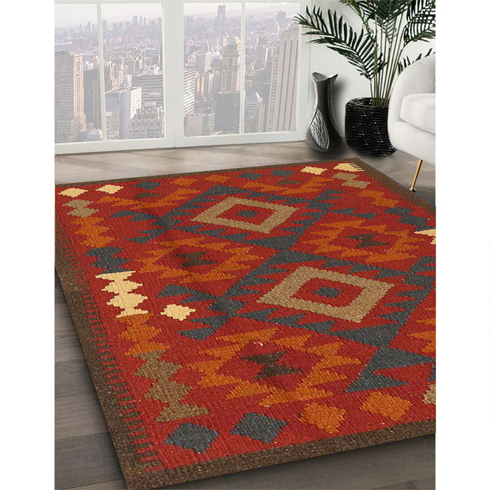 Contemporary Saddle Brown Oriental Rug in Family Room, con2527