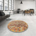 Round Machine Washable Contemporary Brown Green Rug in a Office, wshcon2539