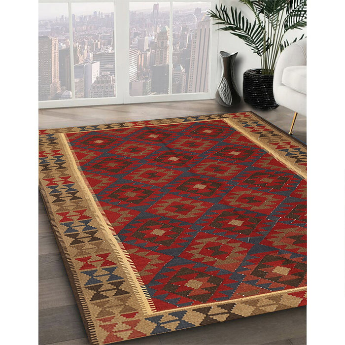 Contemporary Sienna Brown Oriental Rug in Family Room, con2542